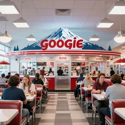 1 9 7 5 googie oregon mt. hood themed classic american diner, people sitting at tables, googie architecture, one point perspective, americana, restaurant interior photography, hd 4 k, taken by alex webb