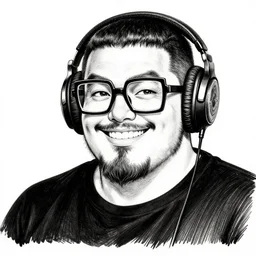highly detailed ink illustration of a buff smiling man with long stubble, big square glasses and black bowl cut, wearing a black tshirt and black headphones, b & w clean shaped illustration by kim jung gi, ron english and eiichiro oda