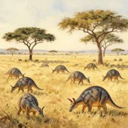a herd of pentasaurus grazing in a warm, sun-filled Savannah at the golden hour, water color, art by artgerm and greg rutkowski and alphonse  mucha and jin xiaodi and anthony devine