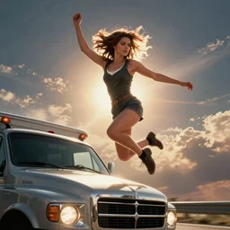 movie still of kitt from the knight rider jumping over a truck
