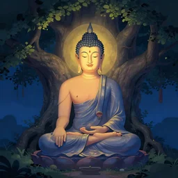 Buddha meditating under fig tree at the night of his enlightenment