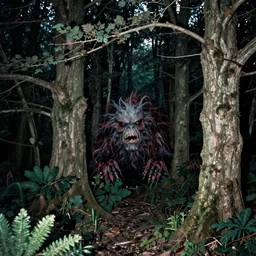 wide angle flash photo of a creepy anthropomorphic creature hiding behind trees in a magic forest by Gustave Doré