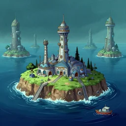 a remote island research station in the middle of the ocean, rhads!!!, ominous, digital science fiction realism, archipelago!!, urban fantasy, saturday morning cartoon, clean linework, ( alexander archipenko ), western animation