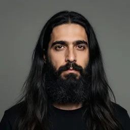 portrait of an unkle blue moon with long black hair and beard, by tomer hanuka
