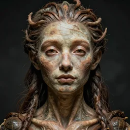 a beautiful portrait of organic humanoid, front close - up face, front, full body, volumetric, symetrical close up, octane render, ultra details, by peter mohrbacher, zaha hadi