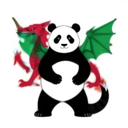 vector art of panda with welsh dragon wings and tail, intercrossed, chimera, welsh flag, adobe illustrator, full body in frame
