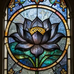 a beautiful and hyperdetailed stained glass window of a black lotus, in the style of magic the gathering!!!! 8 k, volumetric lighting, cell shaded, intricate detail, octane render, alphonse mucha and greg rutkowski
