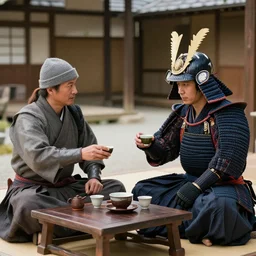 an English knight and a Japanese samurai having tea at a pick nick.