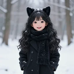 photorealistic of a very cute joyful 3d anime girl, wearing fluffy black scarf, long coat, black long curly hair, cat ears, snowing in the forest, medium shot, mid-shot, highly detailed, trending on Artstation, Unreal Engine 4k