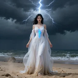 a wonderful symmetrical portrait of goddes with a beautiful face dressed with a long white semi transparent and ornate dress made of sand, behind here there is a storm, one flash on top, one blue light flash in front of her, trending artstation, octane render 8 k