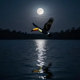 a toucan flying above a lake, reflection on the lake surface, midnight, lake, reflections, dark, mystery, wavy lake, moon light, dark atmosphere