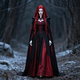 small, slim, delicate, beautiful sith warrior with smooth porcelain skin and long flowing red hair, wearing black and red imperial uniform with cape, outdoors in the forest in winter, dark shadowy gothic aesthetic, full body portrait, centered composition, detailed