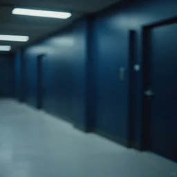 blurry photo taken of corner of underground lab hallways, dark blue and black, clean, walls are made of dry wall, shiny floors, cinematic
