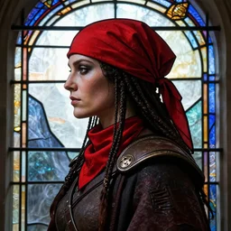 side - view portrait of the iorveth, scoia'tael leader, red cap, red bandana, stained glass window, very masterful