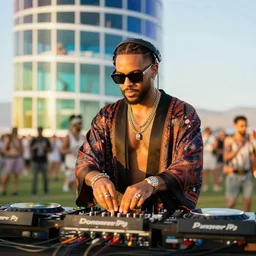a dj playing music at coachella festival while wearing a robe and sunglasses. by cy tombly
