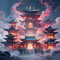 chinese ancient architecture in cyberneon, buildings in the tang dynasty, by dangiuz, by hasui kawase, gorgeous clouds, cyberpunk, fantasy lighting, octane render, ureal engine, japanese animation, mist, hyperdetailed,.
