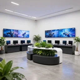 hyperdetailed gamer samsung store, polished concrete, white walls, digital screens, curved furniture, lush plants. 8 k, film still.