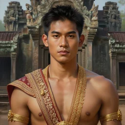 a smart and handsome and beautiful thai male dressed as hunter in armed, close - up portrait, with karen traditional costume, ancient khmer ruin in background, intricate, elegant, loin cloth, highly detailed, oil painting, artstation, concept art, matte, sharp focus, illustration, hearthstone, art by earl norem