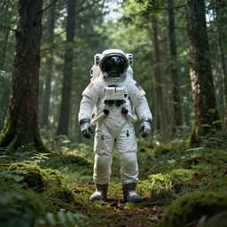american astronaut in the forest plants environment wide angle cinematic lighting atmospheric realistic octane render highly detailed in th