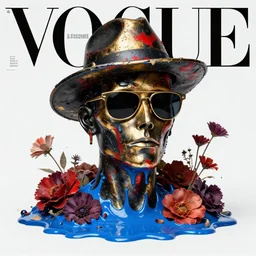 a head made out of melting metal, it is of black and golden and red color, it is wearing sunglasses and a hat, there are flowers all around it, blue paint melting, vogue cover style, greg rutkowski style, artgerm style, demonic style