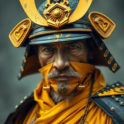 portrait old samurai hero, cyberpunk, vibrant yellow colors, surreal, french baroque style by alexander mcqueen, hyper detailed, realistic cinematic, voigtlander photography, leica 1 9 2 0,