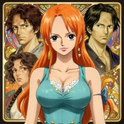 intricately detailed vfx portrait of nami from one piece by eiichiro oda, makoto shinkai, alphonse mucha, art by artgerm and greg rutkowski, best of behance, concept art, matte, sharp focus, orange hair, elegant, adolphe bouguereau, annie leibovitz, stanley kubrick, cel shading, tone mapped,