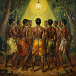sri lankan 8 0's brown people are in chains,, painting by james jean, craig mullins, j. c. leyendecker, lights, art by ernst haeckel,