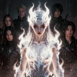 a beautiful portrait of a young Demon women covered in white flames by Greg Rutkowski, Sung Choi, Mitchell Mohrhauser, Maciej Kuciara, Johnson Ting, Maxim Verehin, Peter Konig, Bloodborne , 8k photorealistic, cinematic lighting, HD, high details, atmospheric , trending on artstation