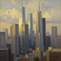 an intricate oil painting by simon stalenhag and michael whelan, tall skyscrapers in background and cloudy sky, golden hour