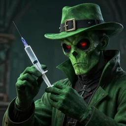 A closeup of a green Plague Doctor holding a medical syringe by Greg Rutkowski, Bloodborne, 4k photorealistic, volumetric lighting, HD, high details, dramatic, dark atmosphere, trending on artstation