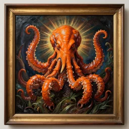 framed zoological portrait of orange cthulhu by gregory manchess in the style of egon sciele