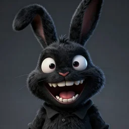 A extremely highly detailed majestic hi-res beautiful, highly detailed head and shoulders portrait of a scary terrifying, horrifying, creepy crazy black cartoon rabbit with scary big eyes, earing a shirt laughing maniacally , let's be friends, in the style of Walt Disney