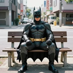 color film still, japanese batman sitting on the bench, street, day, automorphic light. ; babe ( 1 9 9 5 )