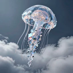a highly detailed digital image of a shattering futuristic jellyfish made of glass and elegantly wrapped in a cloud, by Andrea Chiampo, artstation and Frederik Heyman, extremely detailed jellyfish, stunning volumetric lighting, hyper realism, fantasy 4k