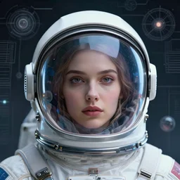 retrofuturistic portrait of a woman in astronaut helmet, smooth transparent visor, reflective gradient, intricate space graphics in background, close up, quint buchholz, wlop, dan mumford, artgerm, liam brazier, peter mohrbacher, raw, featured on artstation, octane render, cinematic, elegant, intricate, 8 k