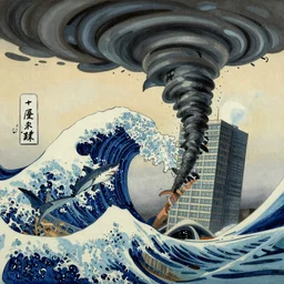 a tornado made of sharks crashing into a skyscraper. painting in thestyle of hokusai.