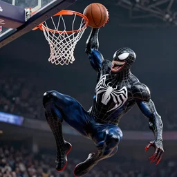 highly detailed art of venom dunking a basketball into a loop over spider man, ultra realistic, trending in artstation