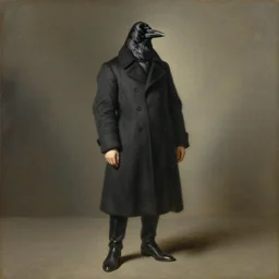 beautiful portrait of a crow wearing long tailored coat and boots by rembrandt, oil painting