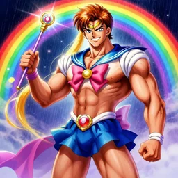 crossdressing magical man in anime style, body hair, muscular, full body, face, head, workout, male, body builder, colorful dress, holding wand, fantasy, smile, illustration, digital painting, best on artstation, best on cgsociety, awarding winning, realistic, epic, stunning, rainbows, sailor moon, hdr, highly detailed
