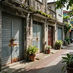 Taiwan holiday alley, roller shutter doors, some residential doors and plants, concrete stones brickwork tiles, road, metal Taiwanese architecture doors rust a bit of mould stripped paint and discoloured old concrete walls with cracks some moss  cinematic nature plants split lighting shallow depth of field 40mm lens