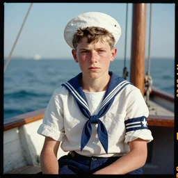 kodak portra 4 0 0, wetplate, 1 9 3 0 s colour portrait of a 1 9 3 0 s dressed sailor boy in a rudder boat in the sea, sunny day, by saul leiter, insanely detailed, insanely intricate, depth of field, blueberry