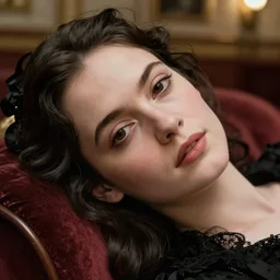 a beautiful portrait of edwardian eva green lounging in a ballroom, detailed face, close up on face, art by christophe vacher