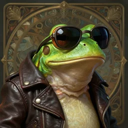 frog wearing sunglasses and a leather jacket, photography of kurzgesagt, deep focus, d & d, fantasy, intricate, elegant, highly detailed, digital painting, artstation, concept art, matte, sharp focus, illustration, hearthstone, art by artgerm and greg rutkowski and alphonse mucha