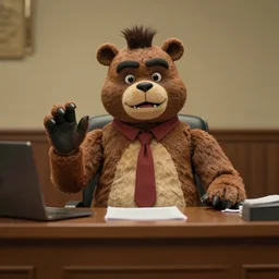 a real life freddy fazbear animatronic testifying in court sitting behind a desk - c 8