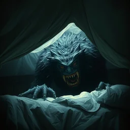 under the bed a big monster hides, scary, furry, big eyes, sharp teeth, dark, dramatic lighting, pixar bedroom scene, cinematic, highly detailed, highly realistic painting by ruan jia and artgerm and wlop and beeple