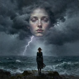 concept art, facing the back of a woman standing alone in the middle of a sea storm, face forms in the clouds, thunderstom, rain, medieval, dark concept art, dark skies painting by wlop, nixeu and greg rutkowski, beautiful, semirealism, artstation, octane render, oil painting, sharpness, 8 k, golden ratio