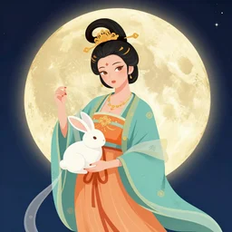 beautiful digital illustration of a chinese moon goddess change e, with a white rabbit, by ilya kuvshinov, flat art, sharp lines