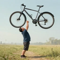 a portrait of a really short men biting a really tall bike realistic digital art