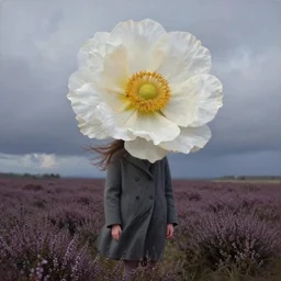 portrait, enormous flower head, a girl wearing a coat in heather field, surreal photography, wind and cold, dramatic sky, impressionist painting, digital painting, artstation, simon stalenhag