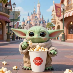 Grogu eating holding popcorn in the middle of main street disneyland